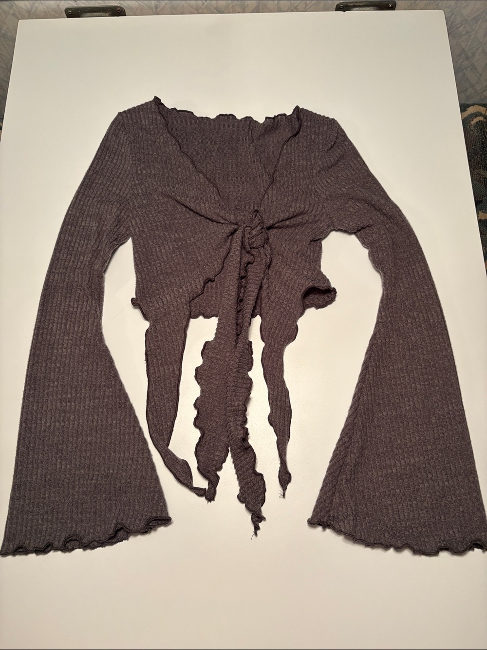 Ribbed Tie-Front Crop Sweater in Taupe